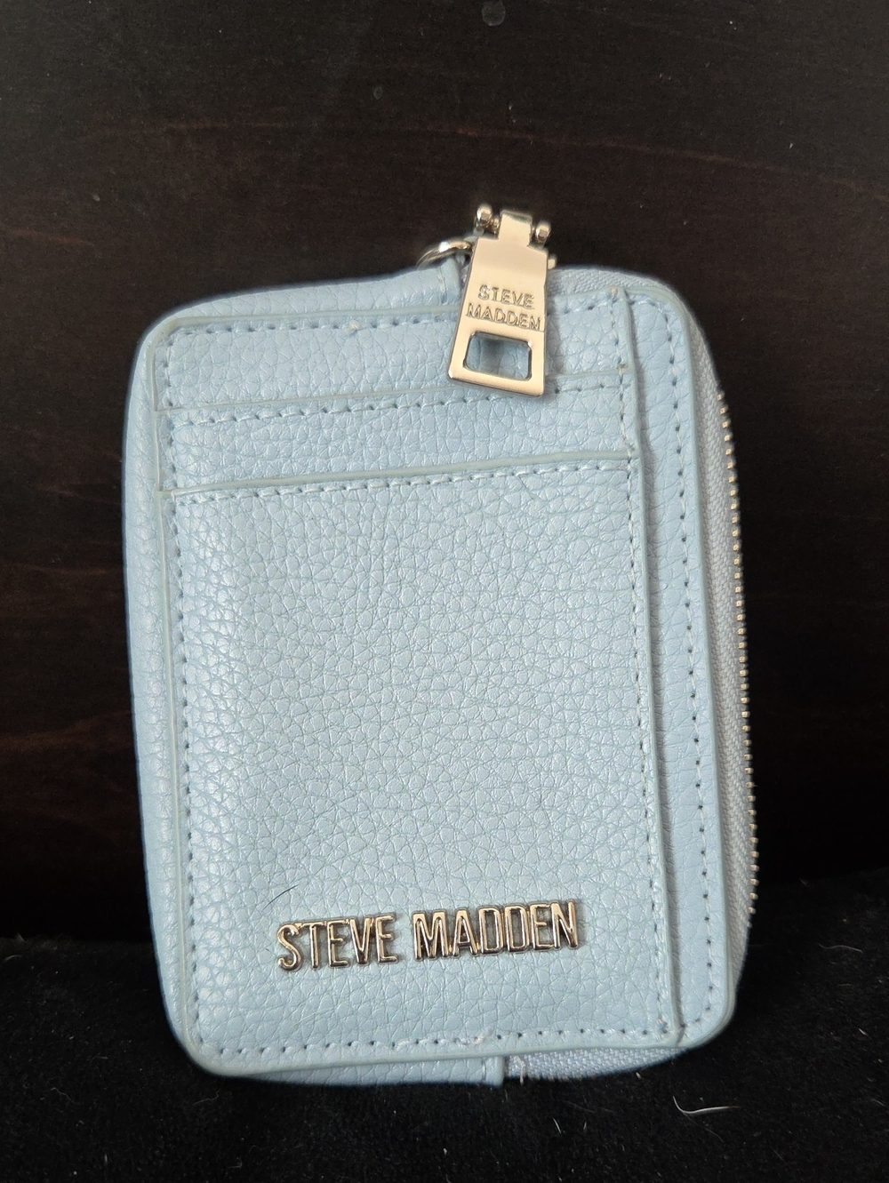 Steve Madden Light Blue Pebbled Leather Bpipper Zip Card Case Wallet